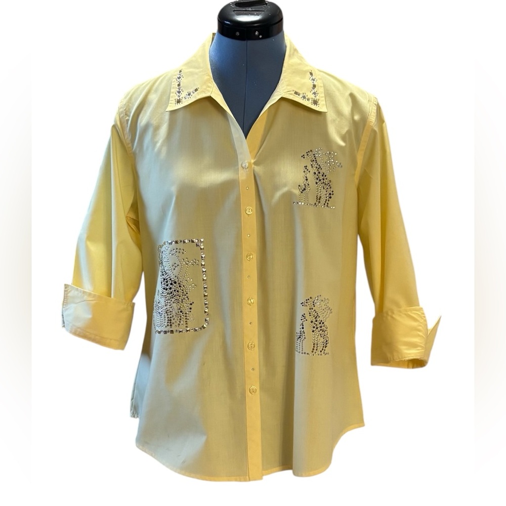 NWOT Las Olas 3/4 sleeve rhinestone embellished cotton/poly button up blouse S